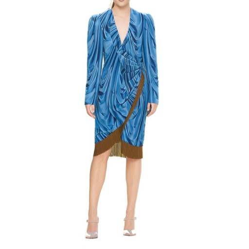 Moschino Draped Silk Fringe Dress Blue