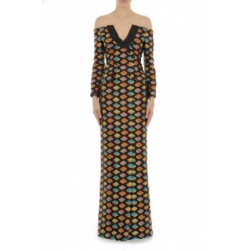Moschino Fustan Multicolor Jacquard Off-Shoulder Gown Black