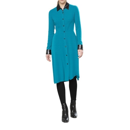 Moschino Fustan Leather Trim Shirt Dress Teal