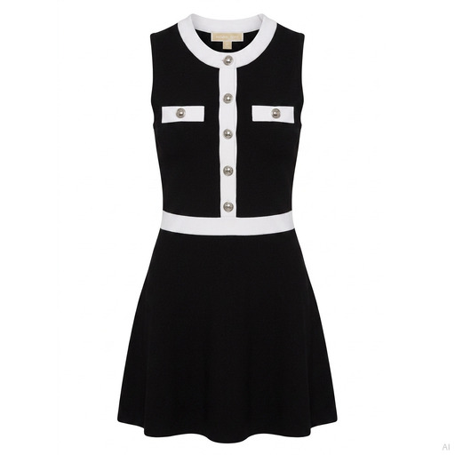 Michael Kors Fustan Contrast Trim Dome Snap Mini Dress Black