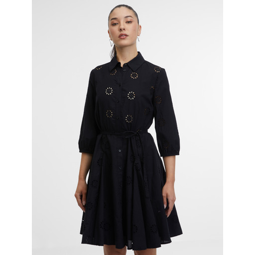 Black women's short A-line collared long-sleeve dress ORSAY