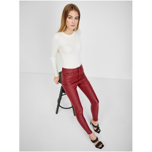 Burgundy women's faux-leather trousers ORSAY