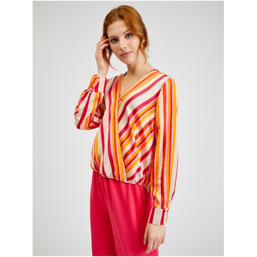 Pink-orange women's striped satin blouse ORSAY