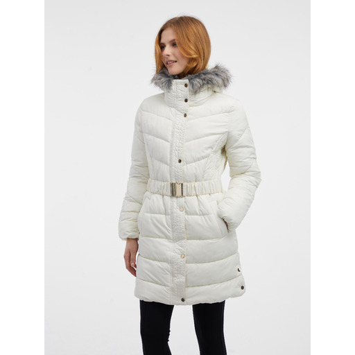 Cream women's quilted faux-fur-trim coat ORSAY