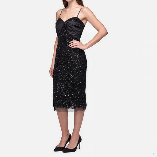 Moschino Black Sequin Midi Dress with Satin Bow