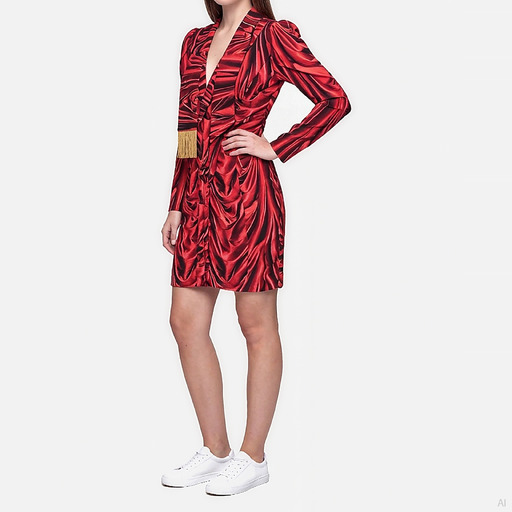Moschino Red Draped Print Mini Dress with Gold Fringe Detail