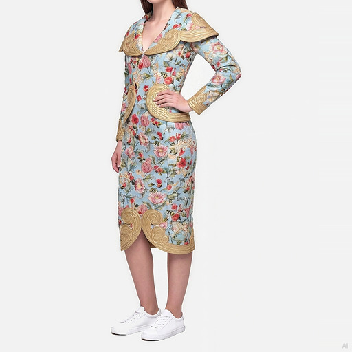 Moschino Floral Brocade Midi Dress with Gold Embroidery