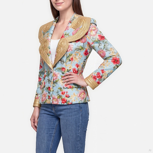 Moschino Floral Print Blazer Jacket with Gold Embroidered Lapels