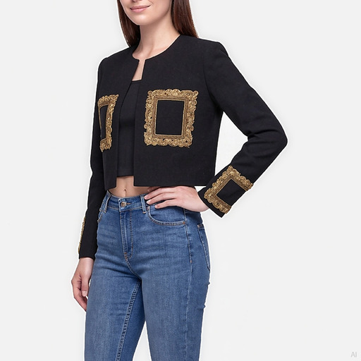 Moschino Black Cropped Jacket with Gold Frame Embroidery
