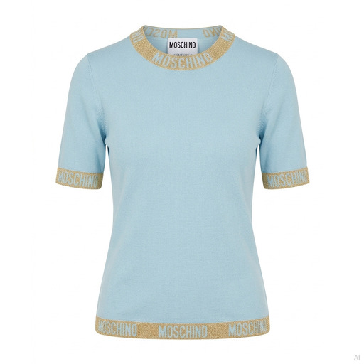 Moschino Logo Trim Light Blue Short Sleeve Top