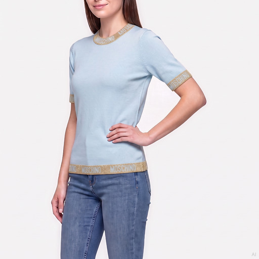Moschino Logo Trim Light Blue Short Sleeve Top
