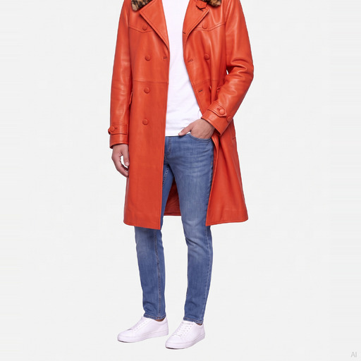 Moschino Orange Leather Trench Coat with Fur Collar