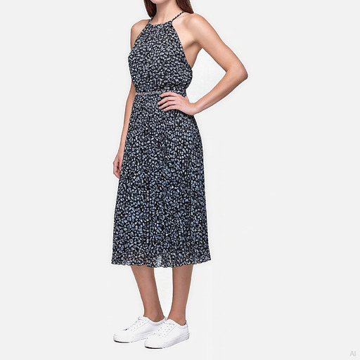 Michael Kors Floral Halter Pleat Midi Dress Chambray