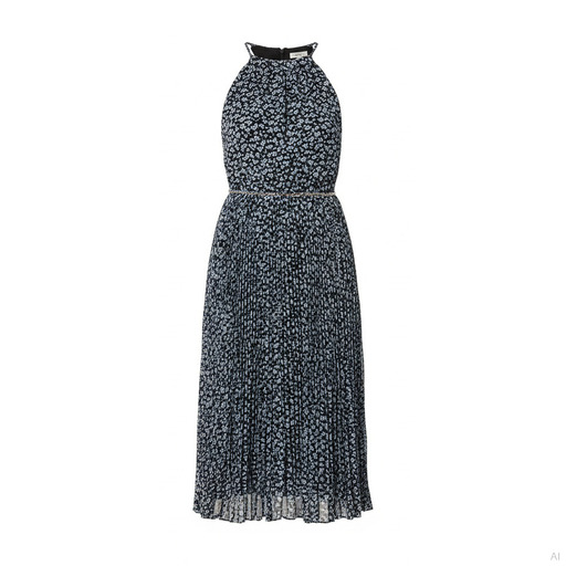Michael Kors Floral Halter Pleat Midi Dress Chambray